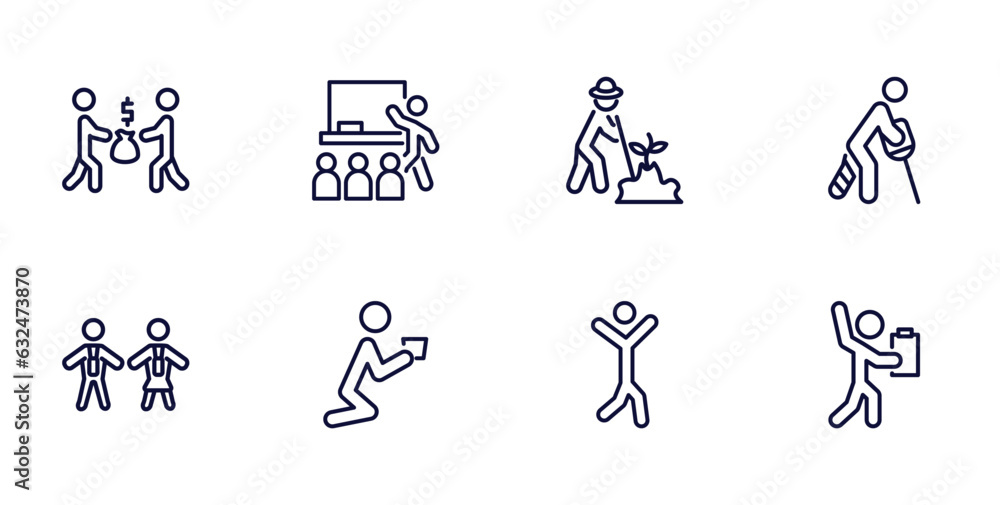 set of humans and behavior thin line icons. humans and behavior outline icons such as people trading, classroom, broken leg, cooker couple, begging, happy man, worker with notepad vector.
