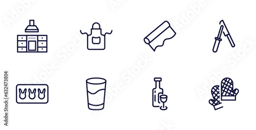 set of kitchen thin line icons. kitchen outline icons such as kitchen, apron, knife sharpener, molded, glass, wine bottle, mitten vector.