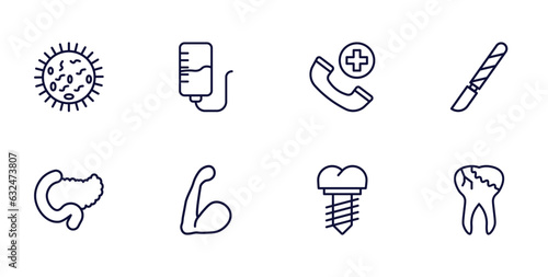 set of medical thin line icons. medical outline icons such as germs, iv, scalpel, pancreas, arm, implants, caries vector.