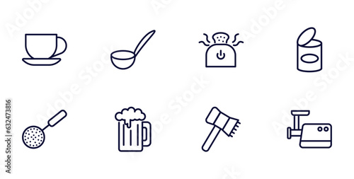 set of kitchen thin line icons. kitchen outline icons such as tea cup, ladle, conserve, skimmer, beer, meat tenderizer, meat grinder vector.