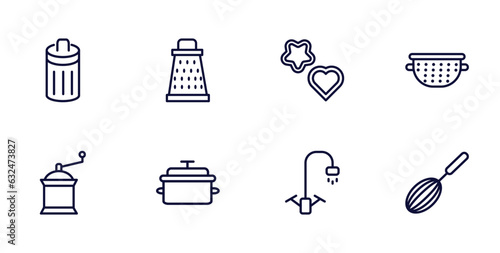 set of kitchen thin line icons. kitchen outline icons such as trash, grater, nder, coffee grinder, stew pot, kitchen tap, beater vector.