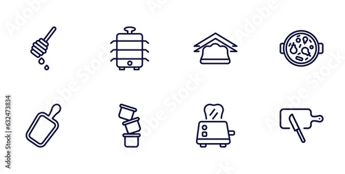 set of kitchen thin line icons. kitchen outline icons such as honey dipper, steamer, paella, cutting board, custard cup, toaster, chopping board vector.