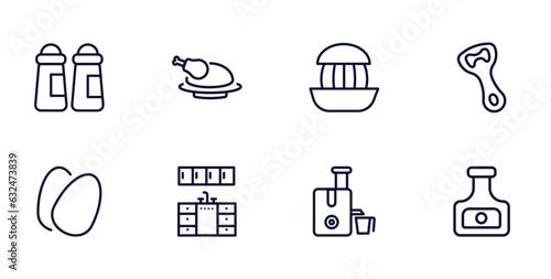 set of kitchen thin line icons. kitchen outline icons such as spice jar, broiler, bottle opener, eggs, kitchen cabinet, juicer, ketchup vector.