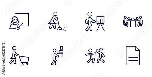 set of humans and behavior thin line icons. humans and behavior outline icons such as teachers, woman sweeping, public work, housewife shopping, carrying, fighting, single file vector. photo