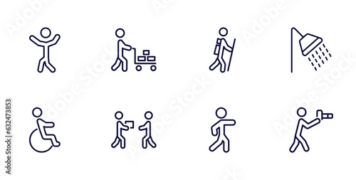 set of humans and behavior thin line icons. humans and behavior outline icons such as man dancing, hotel supplier, showering, wheel chair, give over, man pointing, nature photographer vector.