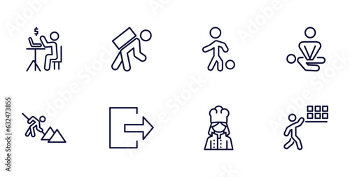 set of humans and behavior thin line icons. humans and behavior outline icons such as online business, carrying on back, cpr, construction worker, out, woman cooking, storekeeper vector.