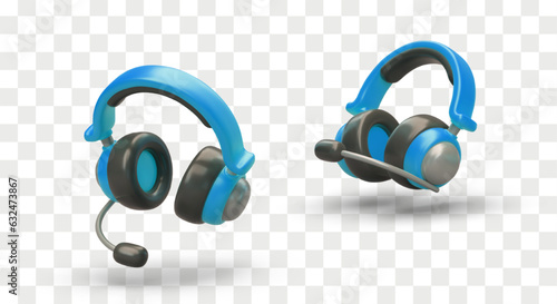 Headset concept. Realistic 3d headphones with microphone. Microphone headset for gamers or workers. Listening music and talking through microphone. Vector illustration in blue colors