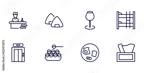 set of hotel and restaurant thin line icons. hotel and restaurant outline icons such as receptionist, onigiri, bunk, elevator, takoyaki, breakfast, napkins vector.