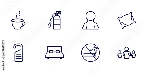 set of hotel and restaurant thin line icons. hotel and restaurant outline icons such as coffee, fire extinguisher, pillow, door hanger, double bed, no smoking, people vector.