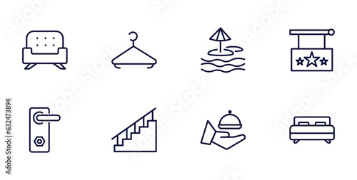 set of hotel and restaurant thin line icons. hotel and restaurant outline icons such as lounge, hanger, hotel, doorknob, stairway, room service, beds vector.
