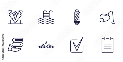 set of hotel and restaurant thin line icons. hotel and restaurant outline icons such as suits, pool, vacuum cleaner, towels, five stars, check in, agenda vector.