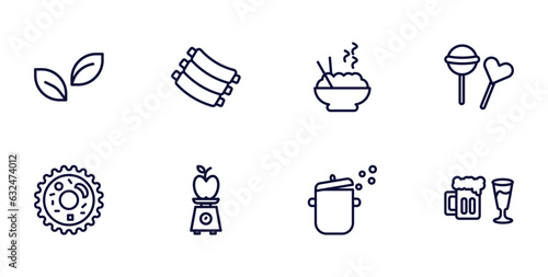set of food thin line icons. food outline icons such as leaf, ribs, lollypop, king cake, scale balanced tool, kitchen pot, alcoholic drinks vector.