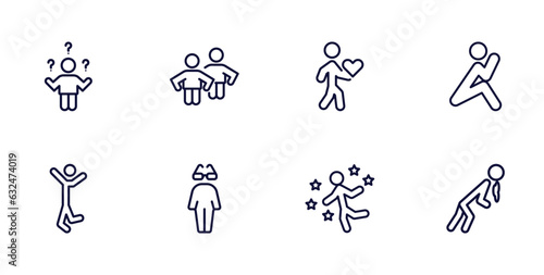 set of feeling and reaction thin line icons. feeling and reaction outline icons such as confused human, content human, lonely human, happy cool great sick vector.