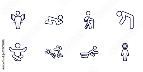 set of feeling and reaction thin line icons. feeling and reaction outline icons such as fantastic human, grateful human, depressed human, relieved helpless down incomplete vector.