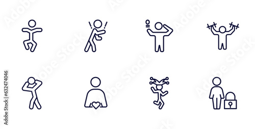 set of feeling and reaction thin line icons. feeling and reaction outline icons such as stupid human, rough human, strong human, scared in love funny safe vector.