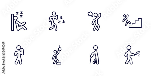 set of feeling and reaction thin line icons. feeling and reaction outline icons such as sleepy human, pissed off human, blah human, proud hopeless hurt awful vector.