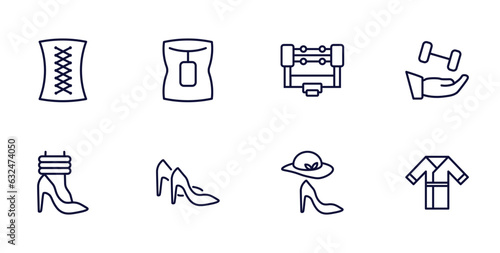 set of fashion and things thin line icons. fashion and things outline icons such as cord lace, neck gaiter, wellness coach, leg warmer, heel, style, kimono vector. photo