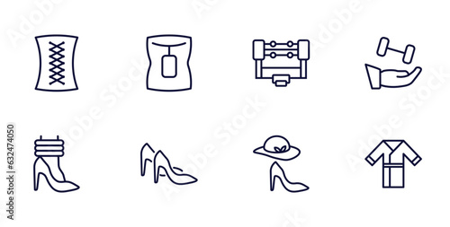 set of fashion and things thin line icons. fashion and things outline icons such as cord lace, neck gaiter, wellness coach, leg warmer, heel, style, kimono vector.