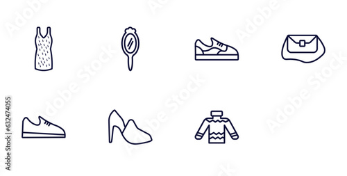 set of fashion and things thin line icons. fashion and things outline icons such as 1642647500394100-40.eps,,,,,, tinge, gym shoes, shoulder bag, shoe side view, hell, skein vector.