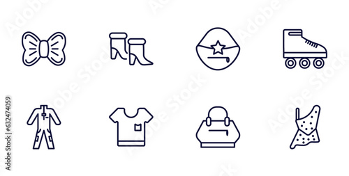 set of fashion and things thin line icons. fashion and things outline icons such as elegante, woman boots, roller skater, working coverall, white t shirt, fashion bag, caveman vector.