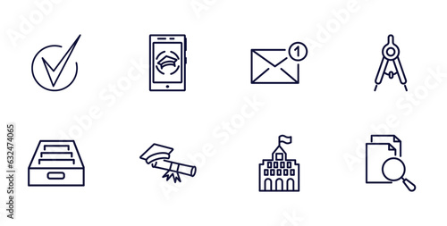 set of education and science thin line icons. education and science outline icons such as check mark, smartphone app, draw with compass, archives, graduating, university, searching files vector.