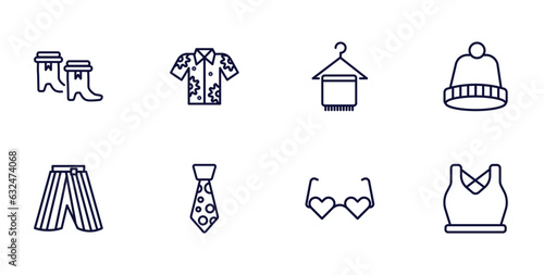 set of fashion and things thin line icons. fashion and things outline icons such as boot for women, hawaiian, knit hat, hakama, stripped tie, heart eyeglasses, gym clothes vector.