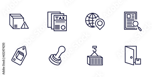 set of delivery and logistics thin line icons. delivery and logistics outline icons such as delivery warning, tax free, waybill, tag, stamp, container, to the door vector.