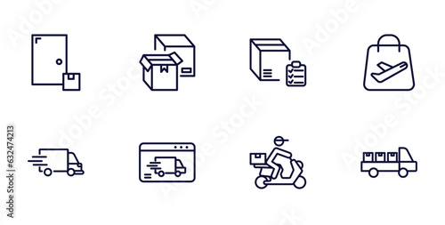 set of delivery and logistics thin line icons. delivery and logistics outline icons such as on door delivery, boxes, duty free, express by website, by motorcycle, cargo vector.