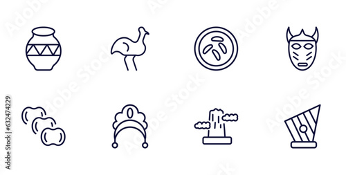 set of culture and civilization thin line icons. culture and civilization outline icons such as native american pot, australian emu, native american mask, ajotomate, kokoshnik, pico cao, kankles