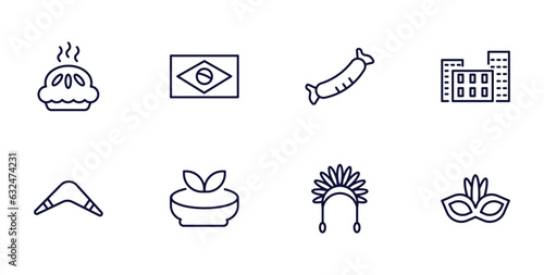 set of culture and civilization thin line icons. culture and civilization outline icons such as meat pie, brazil flag, bo kaap, australian boomerang, gazpacho, indian headdress, brazil carnival mask