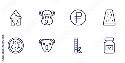 set of culture and civilization thin line icons. culture and civilization outline icons such as indian village, chimp face of brazil, turron, fabada, australian koala, native american flute,