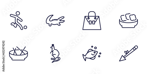 set of culture and civilization thin line icons. culture and civilization outline icons such as brazil soccer player, australian alligator, onion patties, beef and garlic, australian kangaroo,