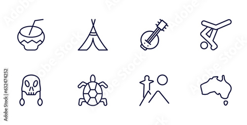 set of culture and civilization thin line icons. culture and civilization outline icons such as kalabas, native american wigwam, capoeira brazil dancers, native american skull, surfing a sea turtle,