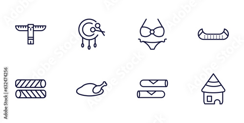 set of culture and civilization thin line icons. culture and civilization outline icons such as native american totem, native american drum, native american canoe, egg roll, beijing roast duck,