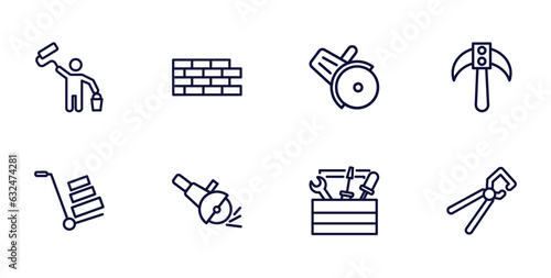 set of construction thin line icons. construction outline icons such as man painting, , inclined picker, trolley with cargo, tool bag, big clippers