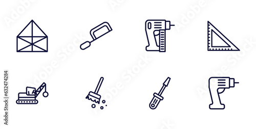 set of construction thin line icons. construction outline icons such as , angle ruler, derrick with ball, sweeping broom, electric drill