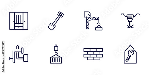 set of construction thin line icons. construction outline icons such as big clo, inclined shovel, , adjusment system, derrick with load, brickwall, home key vector.