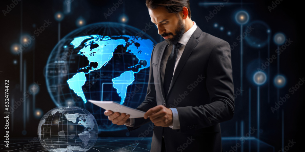 Man Businessman In A Jacket On The Background Of Graphs Of Numbers And Tasks Created With The Help Of Artificial Intelligence Man Businessman In A Jacket On The Background Of Graphs Of Numbers And Tasks Created With The Help Of Artificial Intelligence