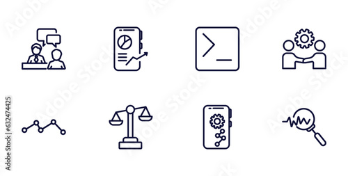 set of business and analytics thin line icons. business and analytics outline icons such as consulting, mobile stock data, partnership, graph, legal, mobile analytics, sine waves analysis vector.