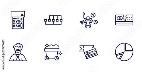 set of business and finance thin line icons. business and finance outline icons such as calculator maths tool, points connected chart, broken credit card, man with moustach, mining cart, credit card
