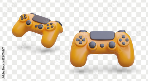 3d game pad in different positions. Device for professional gamers. Play game with remote controller. Modern plastic game joystick. Vector illustration in yellow colors