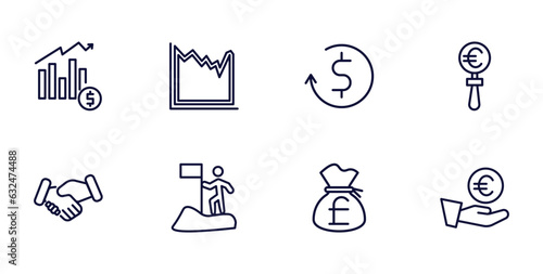 set of business and finance thin line icons. business and finance outline icons such as profit report, spike chart, euro under magnifier, shaking hands, man success, pounds money bag, euro coin on