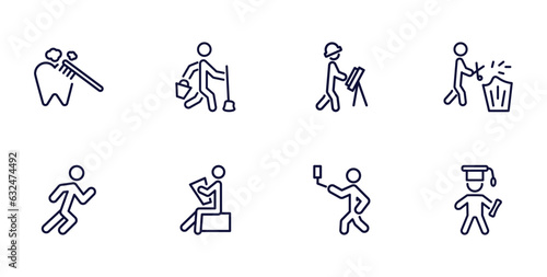 set of behavior and action thin line icons. behavior and action outline icons such as brushing teeth, cleaner man, prune hedge, stick man running, stick man reading, selfie, stick graduated vector.