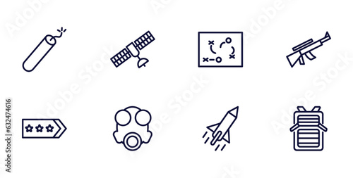 set of military and war and thin line icons. military and war outline icons such as dynamite, military satellites, rifle, shoulder strap, gas mask, missile, army backpack vector.