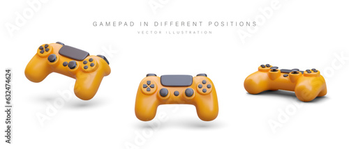 Colorful poster with game pad in different positions. Realistic 3d game controller for video games and e-sports. Play game with remote controller. Vector illustration with place for text