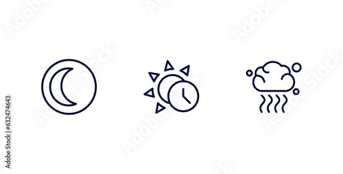 set of weather thin line icons. weather outline icons included waning moon, daytime, smog vector.