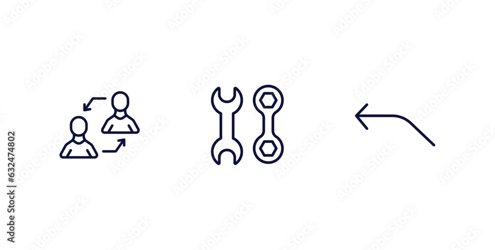 set of user interface thin line icons. user interface outline icons included exchange personel, mechanic tool, curve left arrow vector. - obrazy, fototapety, plakaty 