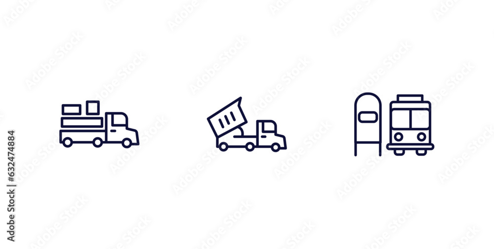 set of transportation thin line icons. transportation outline icons included loaded truck side view, heavy vehicle, scholar bus stop vector.