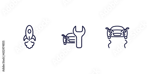 set of transportation thin line icons. transportation outline icons included space rocket launch, car repair, stability vector.