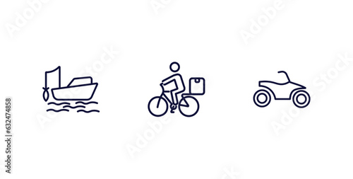 set of transportation thin line icons. transportation outline icons included fishing boat, delivery bike, quad bike vector.